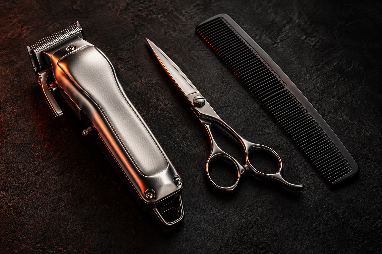 Illustrative studio study of a silver clipper, scissors and a black comb